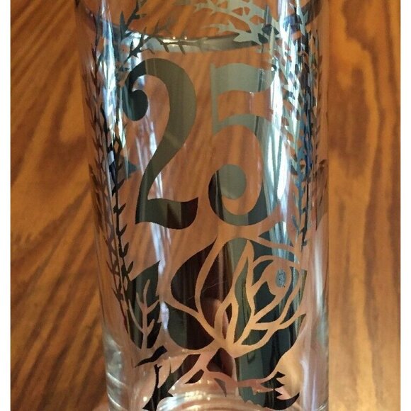 25th Wedding Anniversary Tumbler Drink Glass‎ Silver Rim Frosted Floral Vtg - Picture 3 of 9